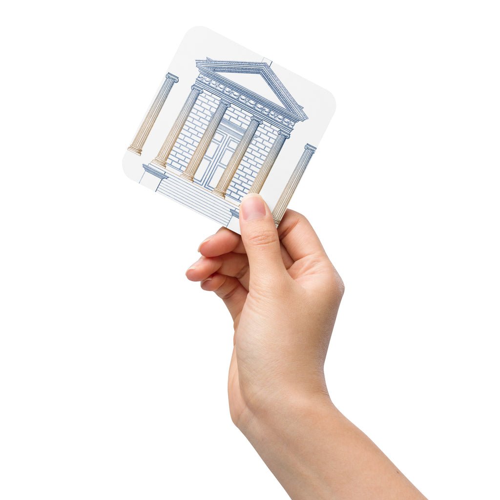 Cork-back coaster with classic columns.