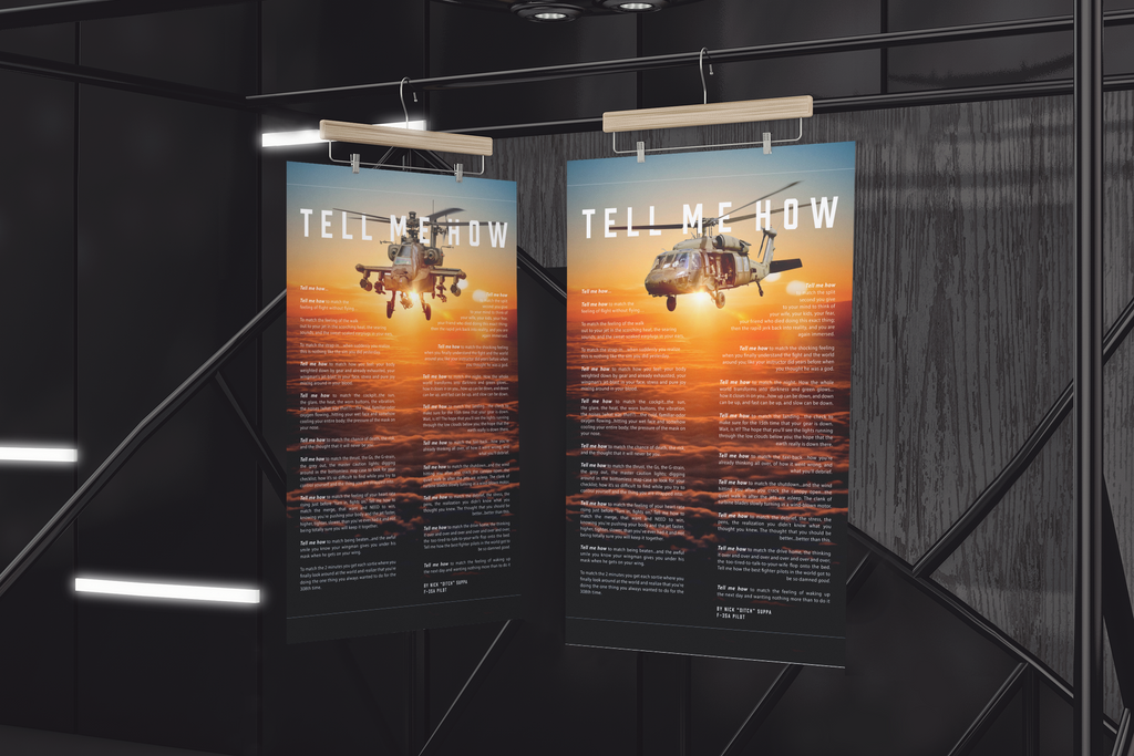 Apache helicopter with the Tell Me How description of flight. This is a museum quality poster on ultra premium  luster photo paper.