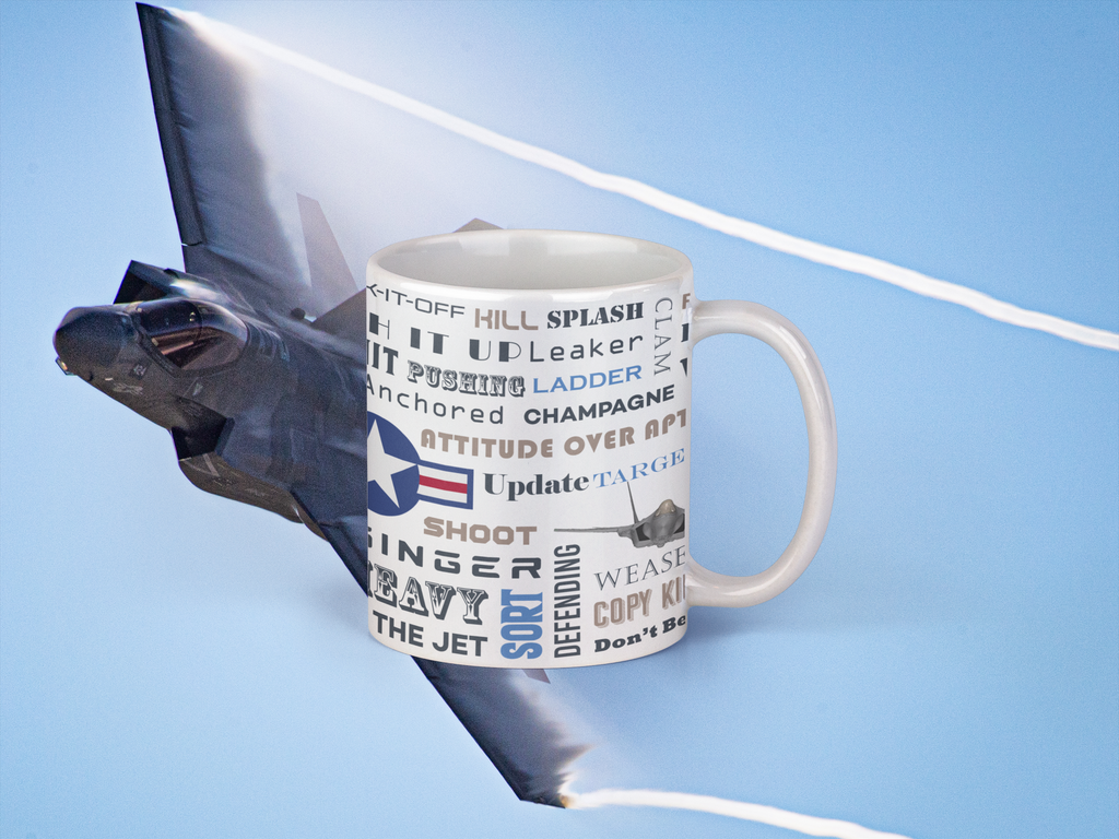 Say Again Mug With F-35 and Fighter Pilot Words.