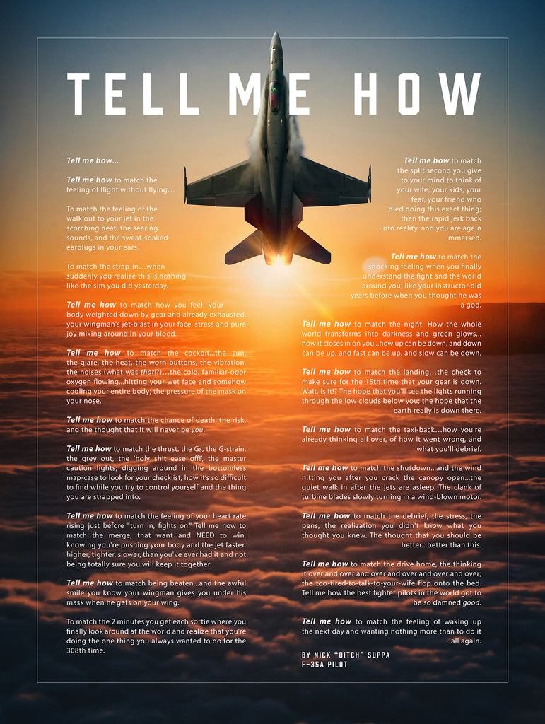 F-18C Hornet with the Tell Me How description of flight. This is a museum quality poster on ultra premium luster photo paper.