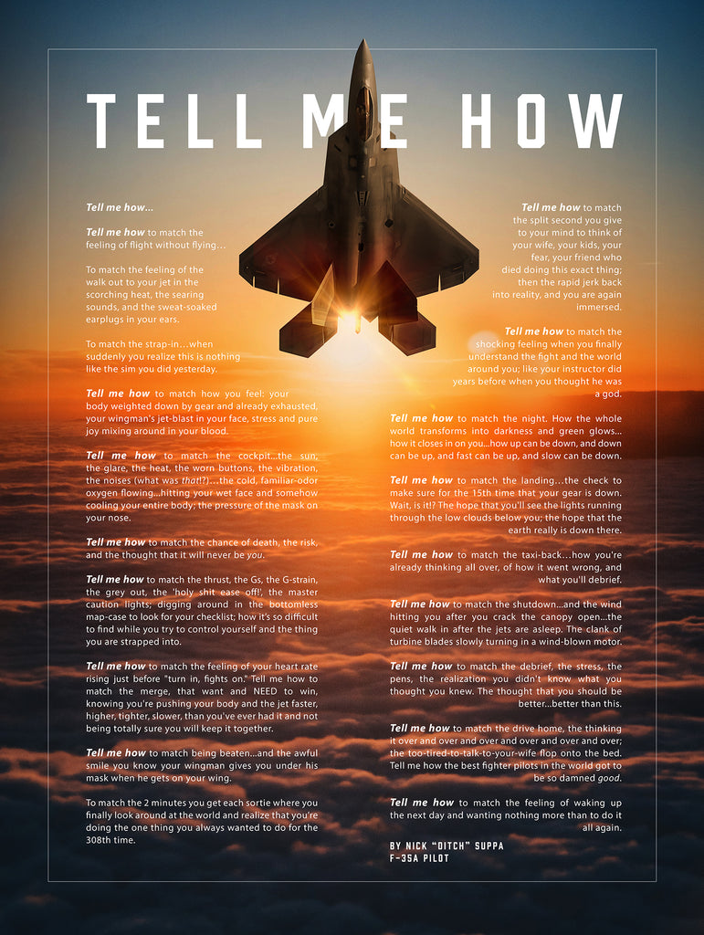 F-22 Raptor with the Tell Me How description of flight. This is a museum quality poster on ultra premium luster photo paper.