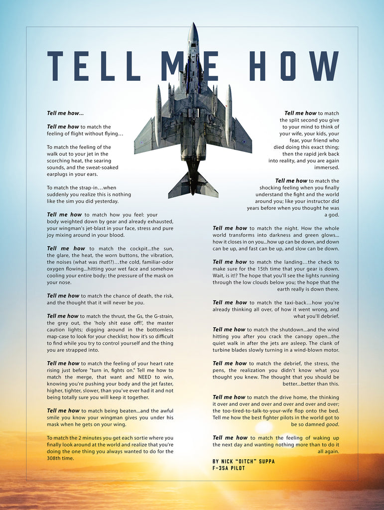 F-4 Phantom with blue sky with the Tell Me How description of flight. This is a museum quality poster on ultra premium  luster photo paper.