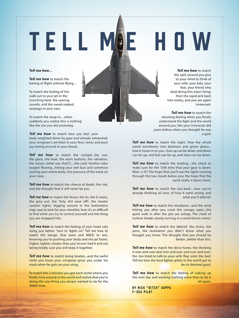 F-16 Viper, with blue sky with the Tell Me How description of flight. This is a museum quality poster on ultra premium luster photo paper.