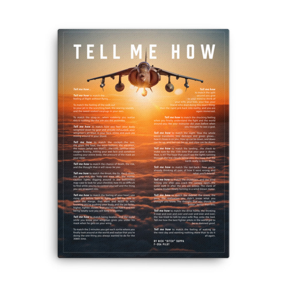 AV-8B Harrier sunset on Canvas, with Tell Me How ode to flight, ready for hanging