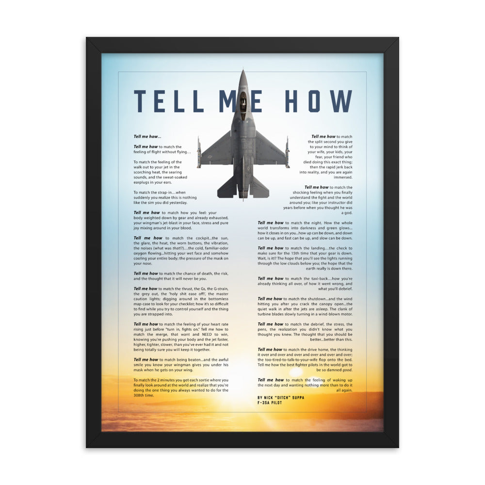 F-16 Viper with blue sky. Framed and ready to hang with the Tell Me How description of military flight.