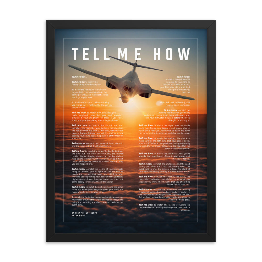 B-1B Lancer bomber, Framed and ready to hang with the Tell Me How description of military flight.