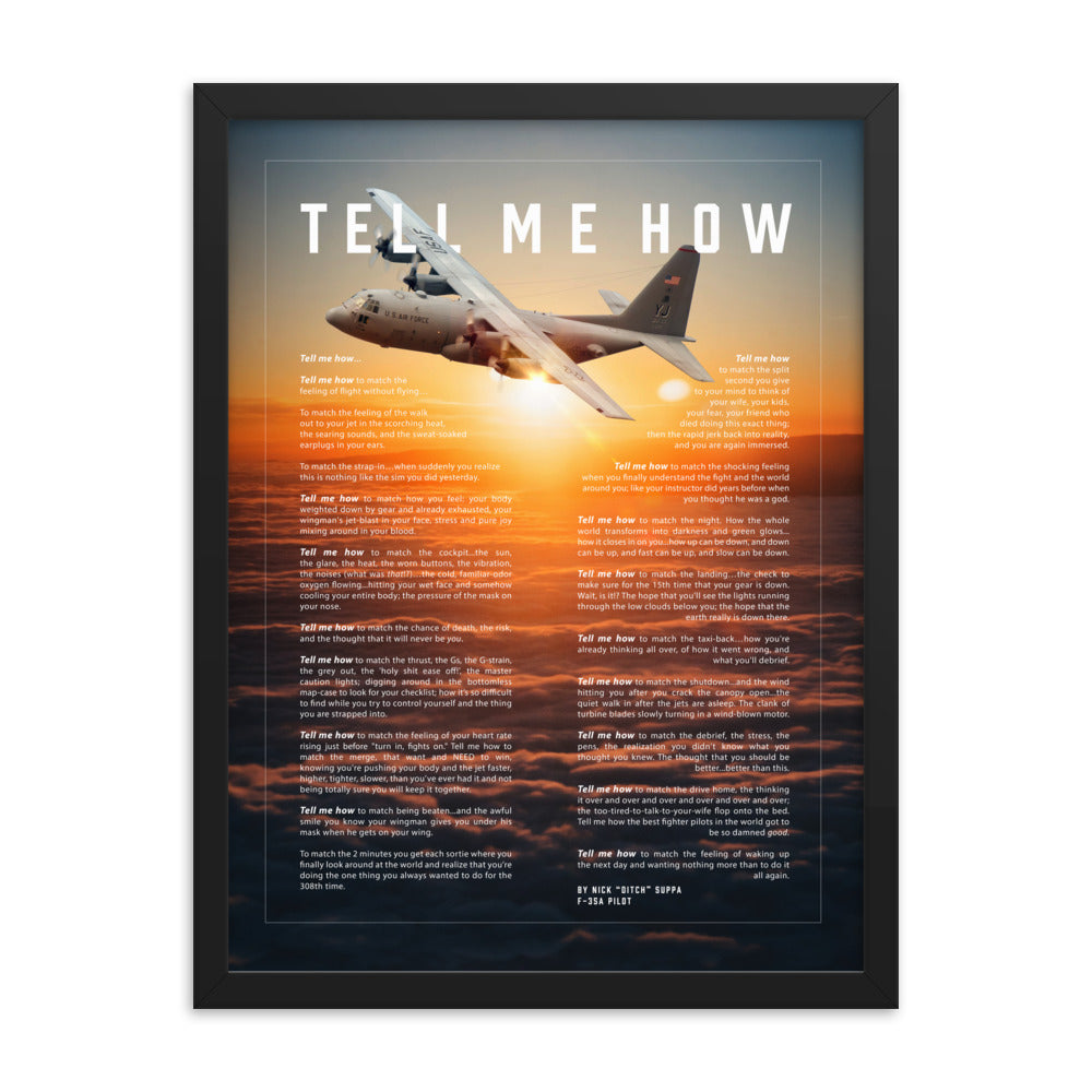 C-130, sunset, Framed and ready to hang with the Tell Me How description of military flight. Transport series.