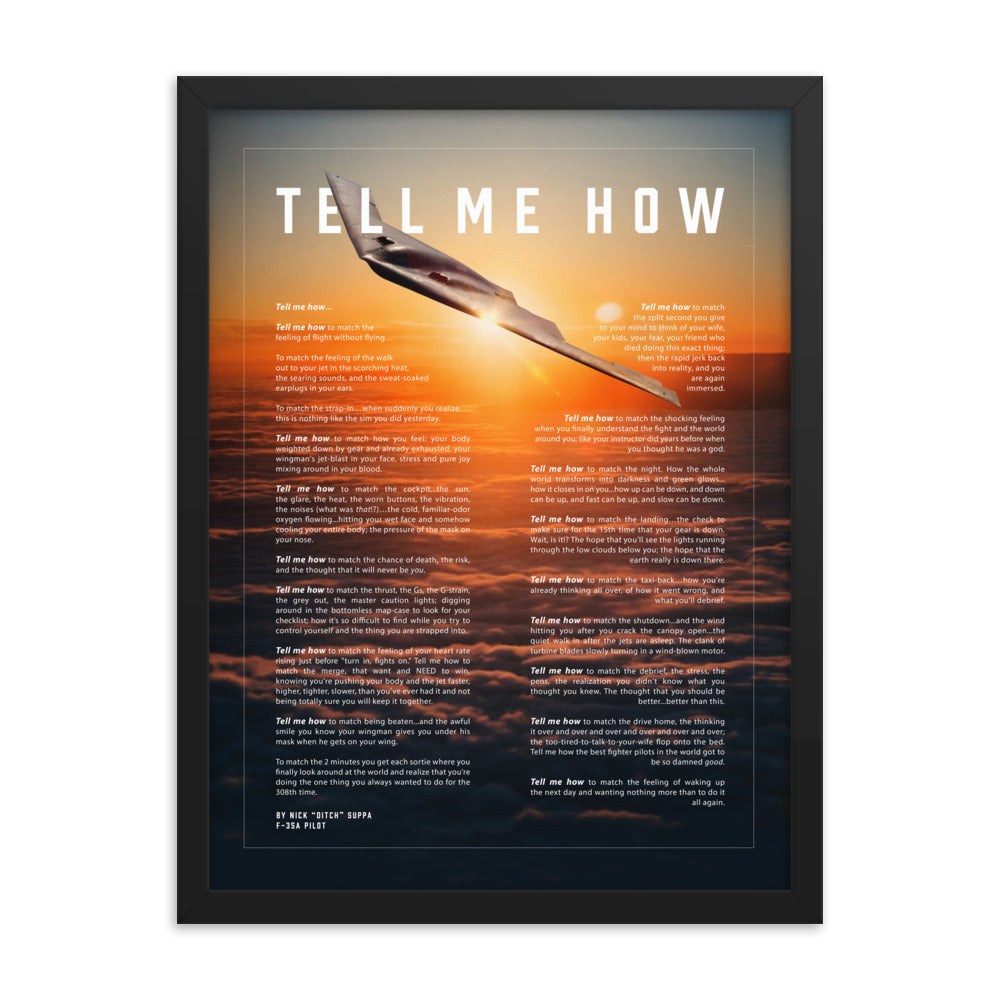 B-2 Spirit bomber, Framed and ready to hang with the Tell Me How description of military flight.