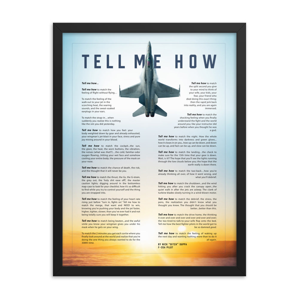 F-18C Hornet against blue sky. Framed and ready to hang with the Tell Me How description of military flight.