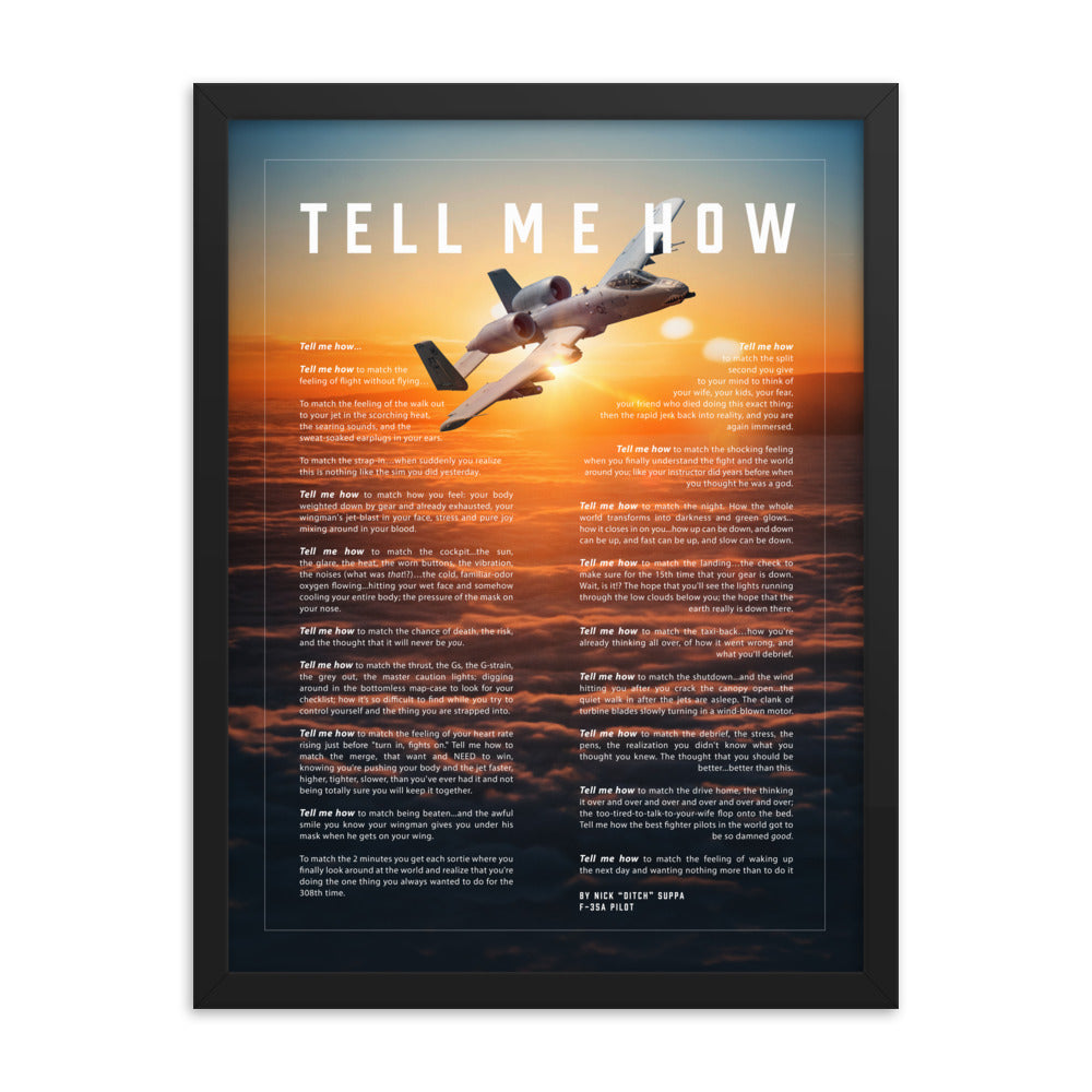 A-10 Warthog, version 2, Framed and ready to hang with the Tell Me How description of military flight.