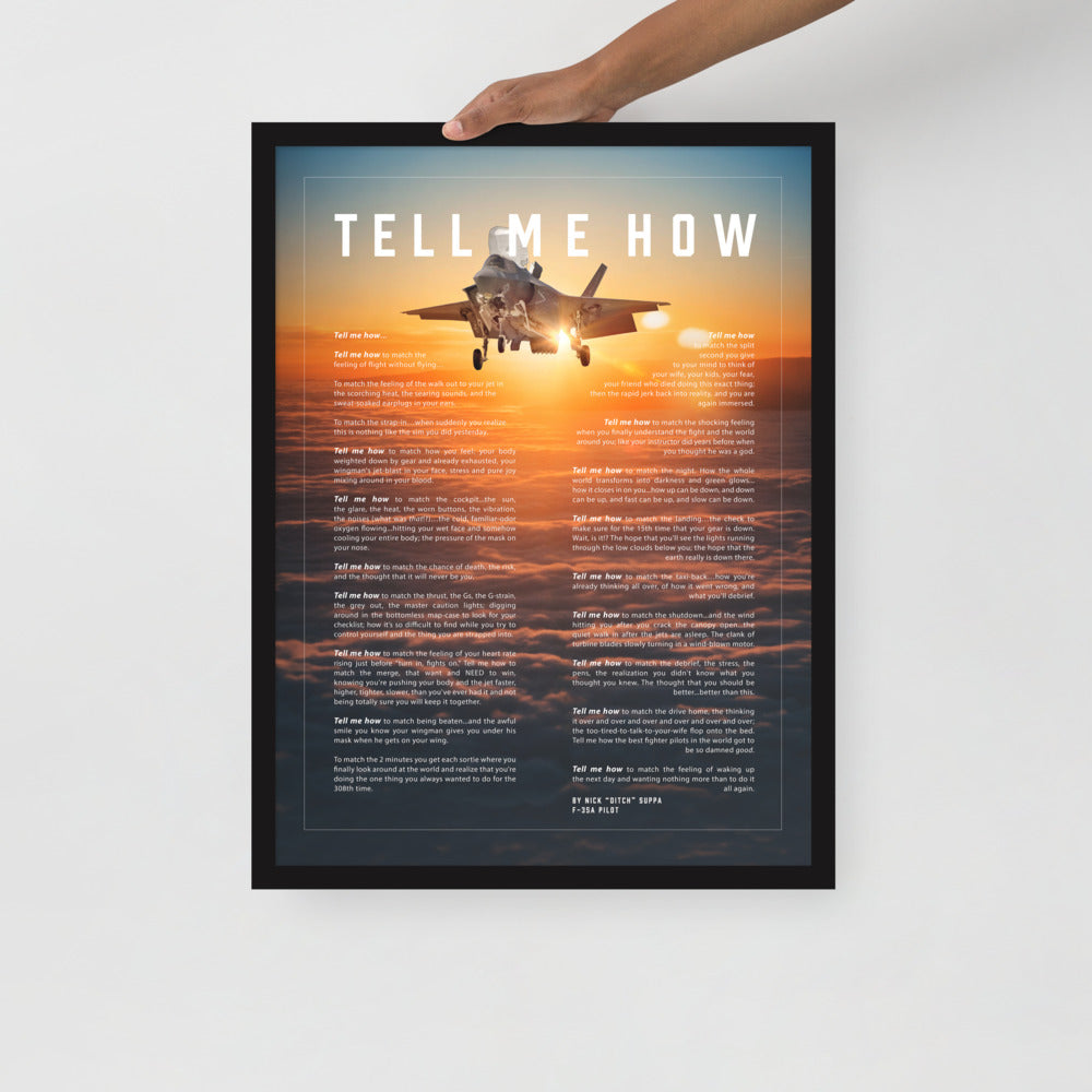 F-35B, sunset, with Tell Me How Ode to flight. Framed and ready to be hung on your wall