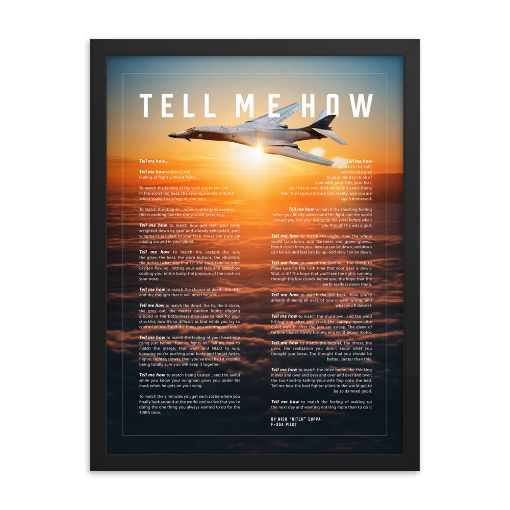 B-1B Lancer bomber, Version 2, Framed and ready to hang with the Tell Me How description of military flight.