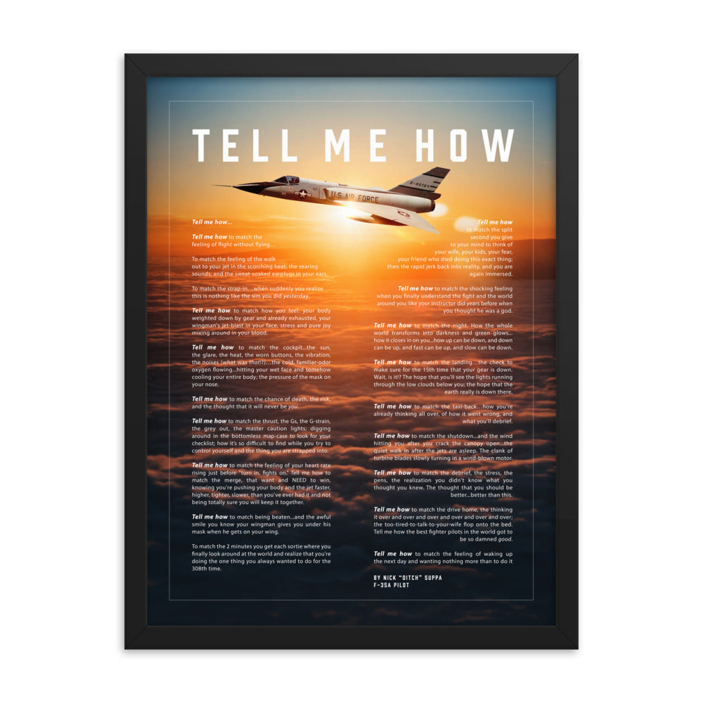 F-106 sunset, Framed and ready to hang with the Tell Me How description of military flight. Century series.