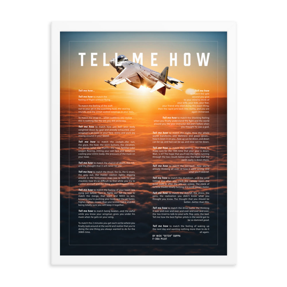 AV-8B, Version 2, Framed and ready to hang with the Tell Me How description of military flight.