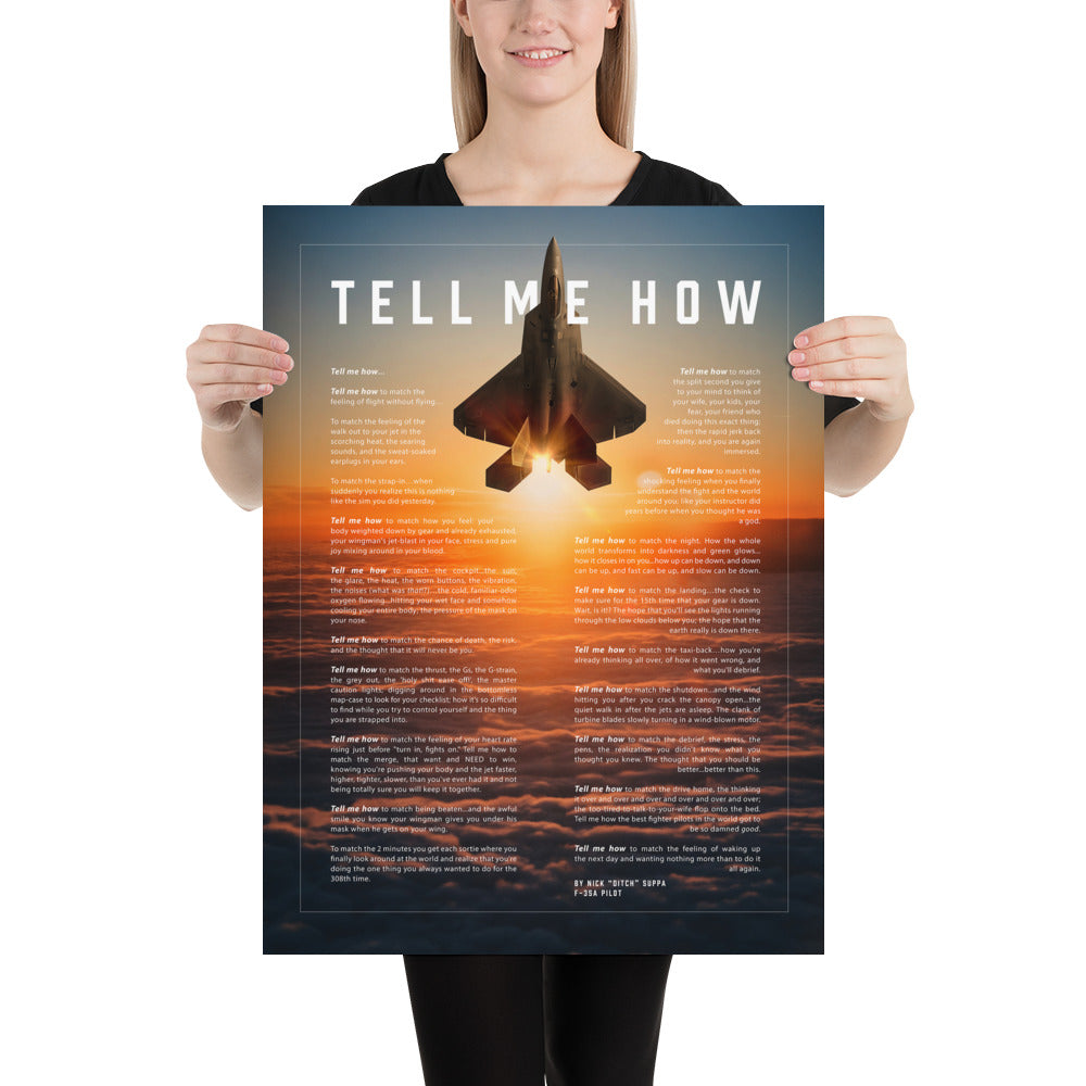 F-22 Raptor with the Tell Me How description of flight. This is a museum quality poster on ultra premium  luster photo paper.