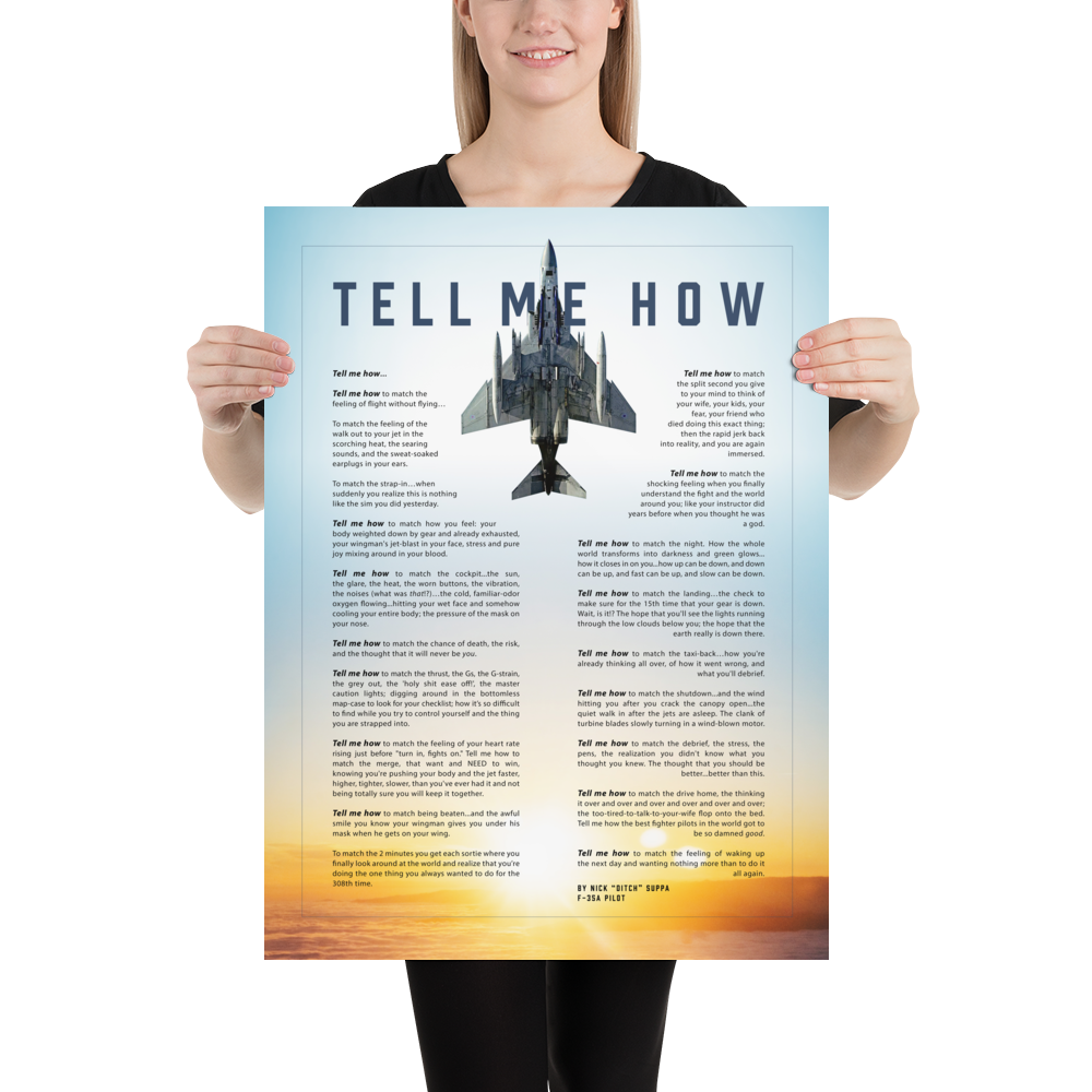 F-4 Phantom with blue sky with the Tell Me How description of flight. This is a museum quality poster on ultra premium  luster photo paper.
