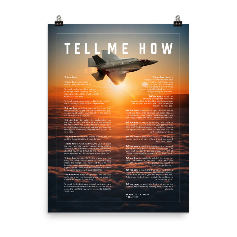 F-35A, version 2, with the Tell Me How description of flight. This is a museum quality poster on ultra premium luster photo paper.