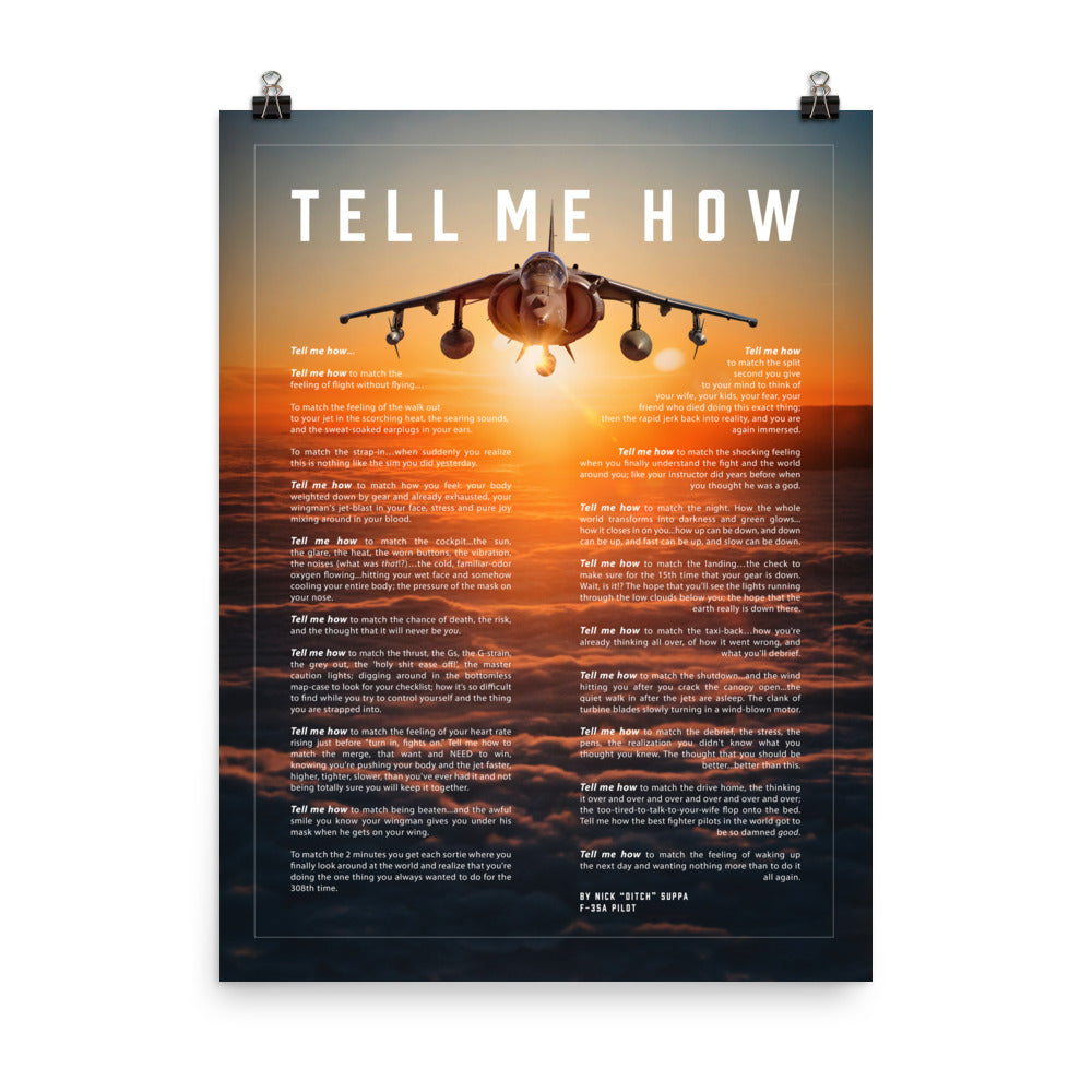 AV-8B Harrier with the Tell Me How description of flight. This is a museum quality poster on ultra premium luster photo paper.