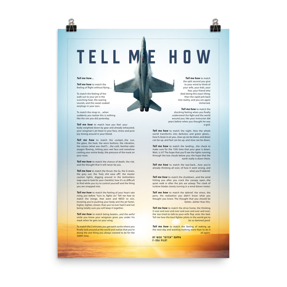 F-18C Hornet against a blue sky with the Tell Me How description of flight. This is a museum quality poster on ultra premium luster photo paper.