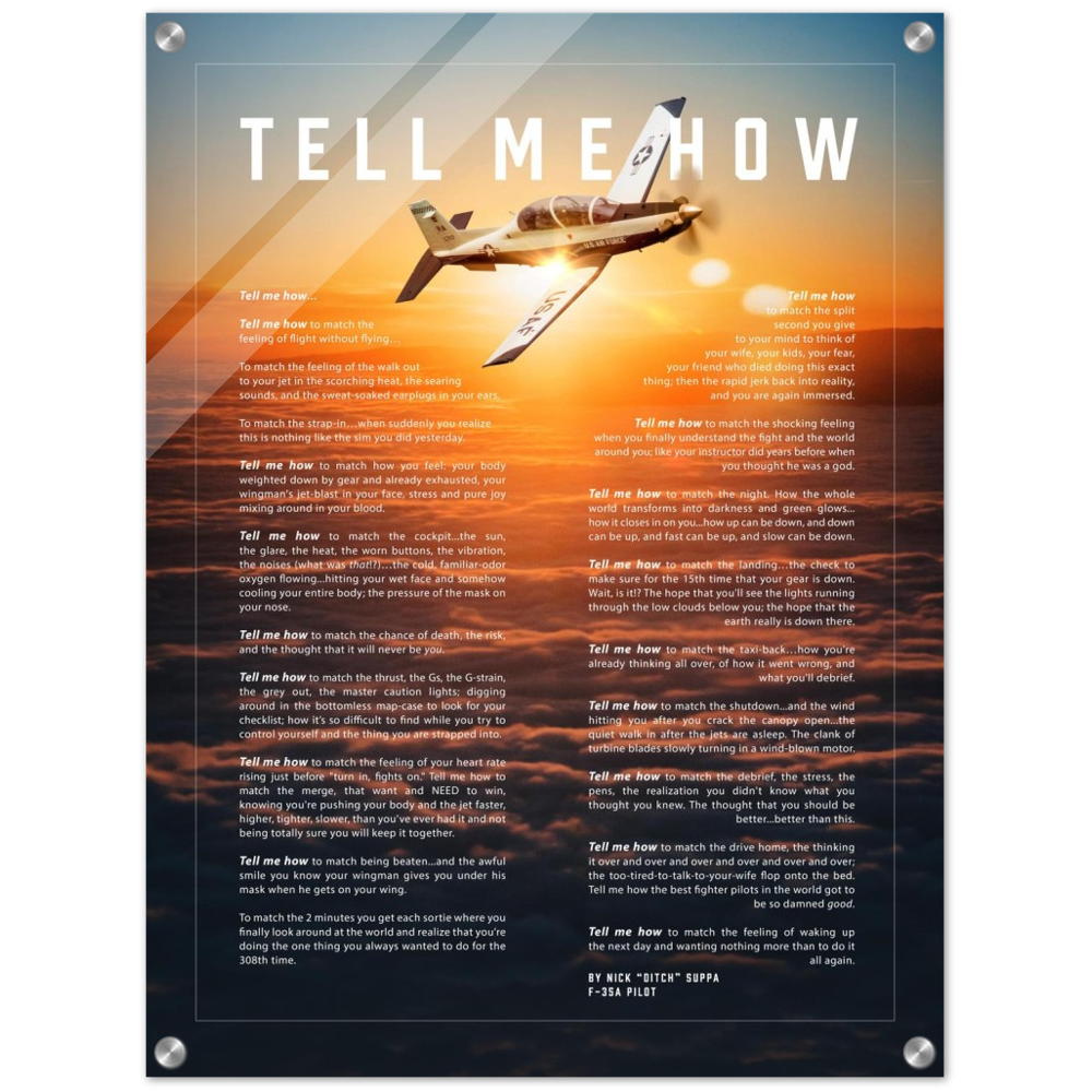 T-6 Texan II Acrylic print ready to hang with the Tell Me How description of military flight.
