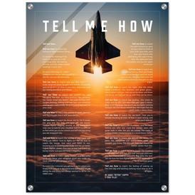 F-35A Acrylic print ready to hang with the Tell Me How description of military flight.