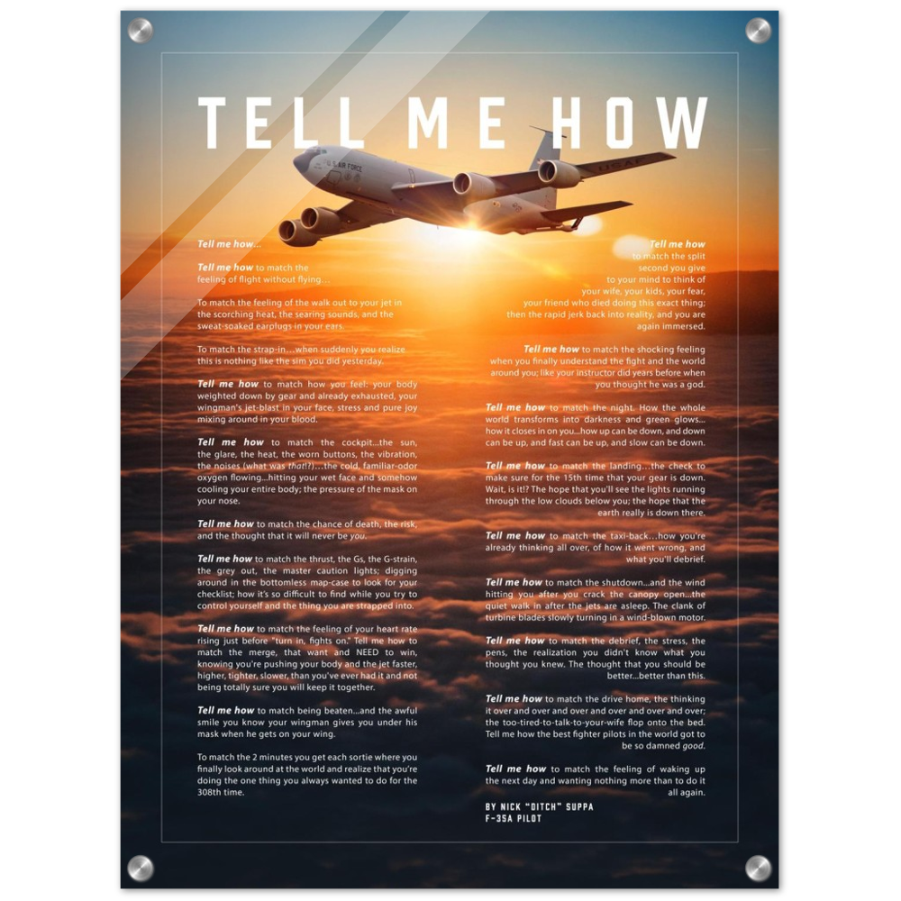 KC-135  Tanker Acrylic print ready to hang with the Tell Me How description of military flight.