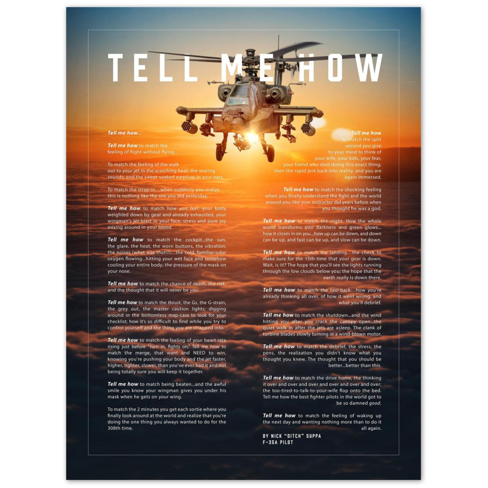 Apache Metallic print ready to hang with the Tell Me How description of military flight. Helicopter series.