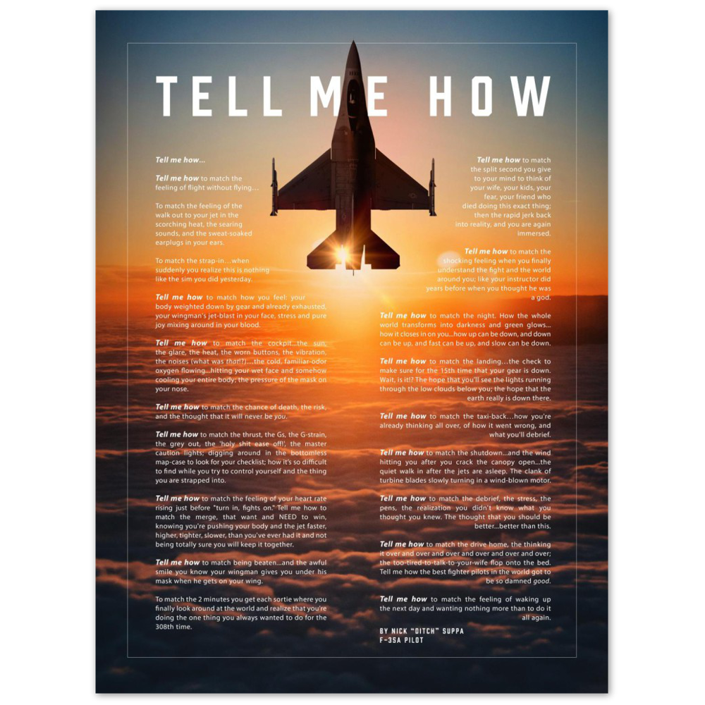 F-16 Viper, Metallic print ready to hang with the Tell Me How description of military flight.