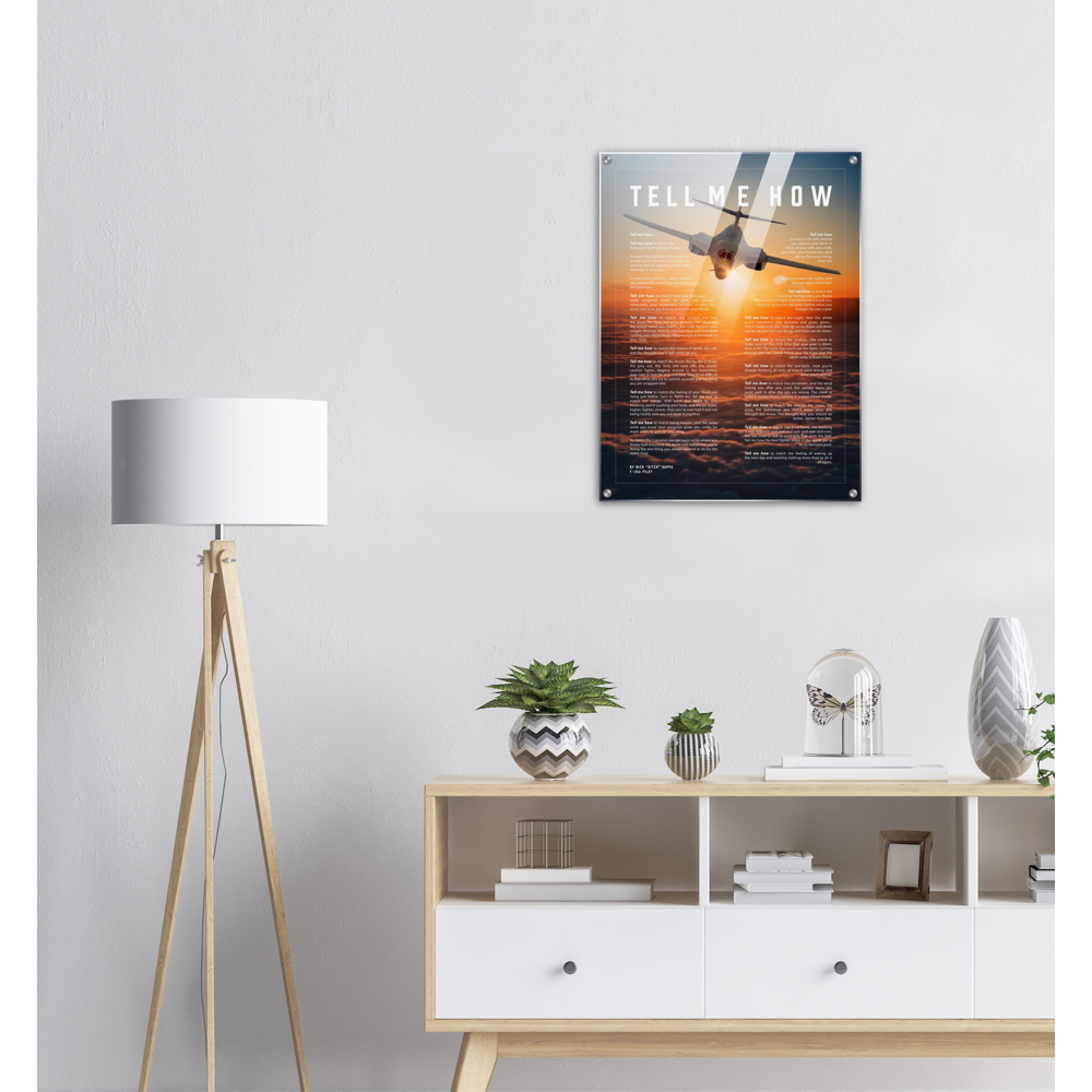 B-1B Bone Bomber Acrylic print ready to hang with the Tell Me How description of military flight.