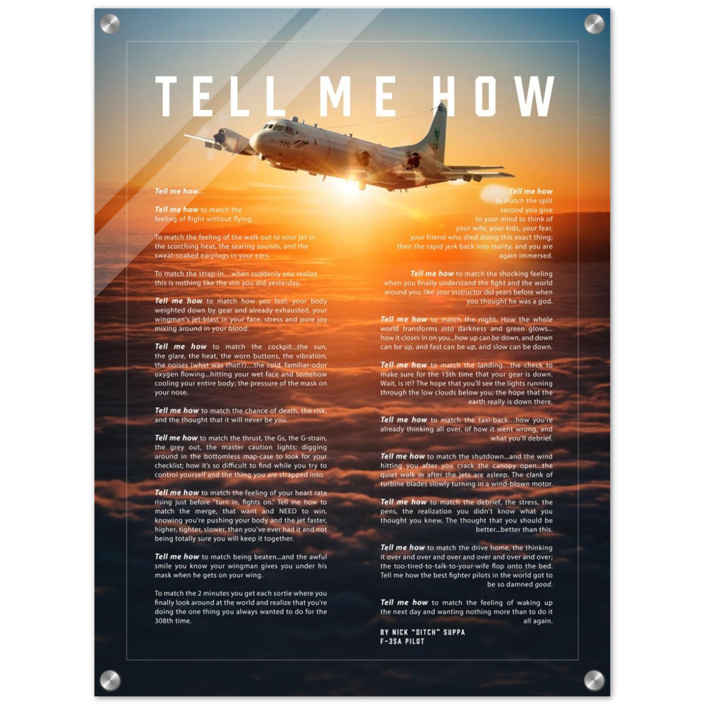 P-3C Orion on Acrylic. This is a premium acrylic print with the Tell Me How description of military flight.