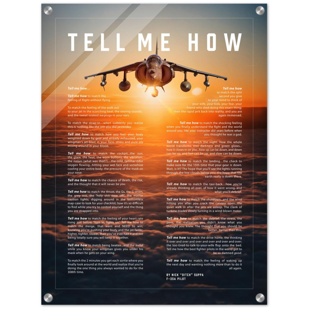 AV-8B Harrier Acrylic print ready to hang with the Tell Me How description of military flight.