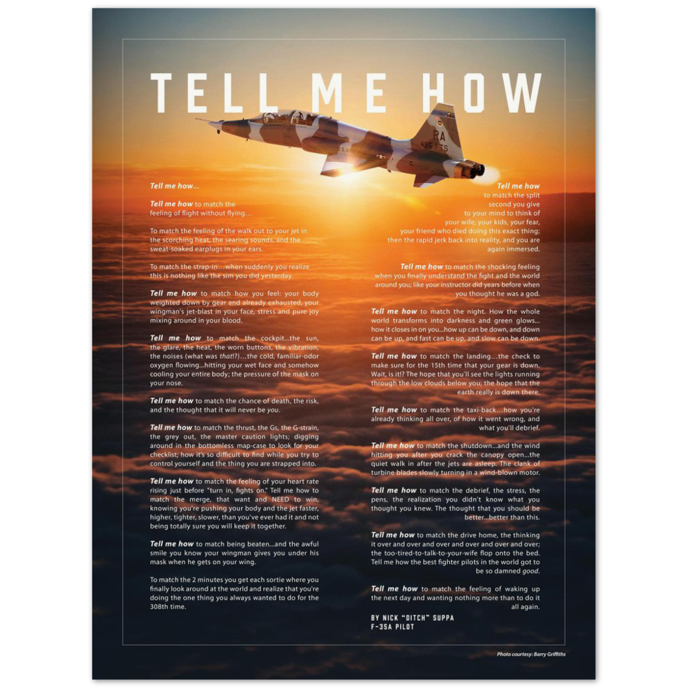 T-38 Talon poster on Archival Matte Paper with the Tell Me How ode to military flight.