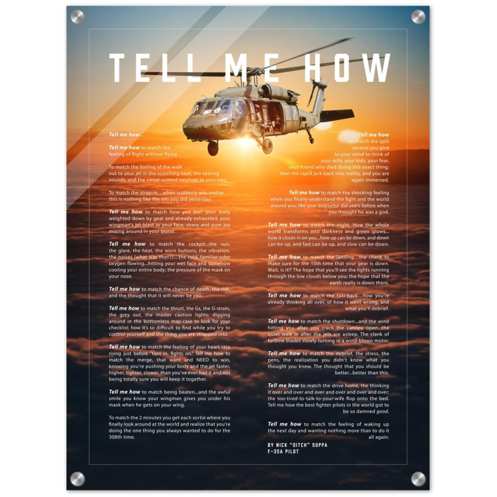 Blackhawk Helicopter  Acrylic print ready to hang with the Tell Me How description of military flight.