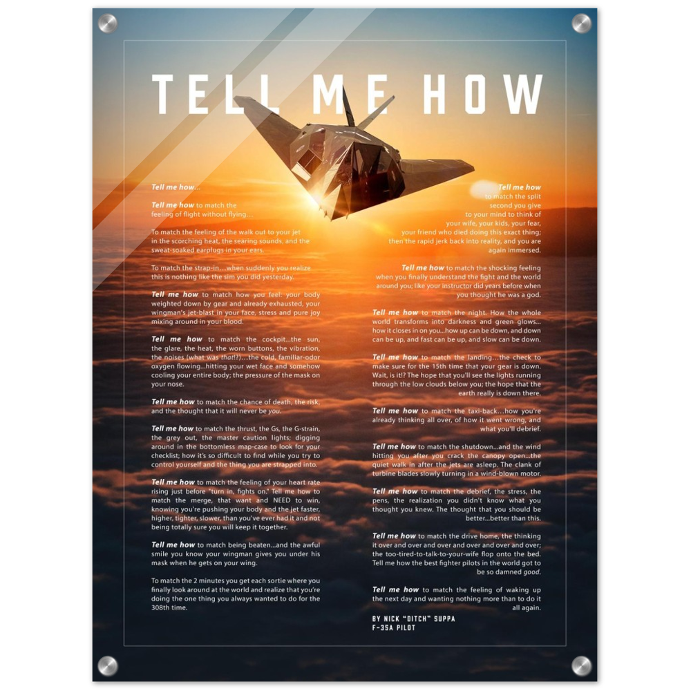 F-117 Acrylic print ready to hang with the Tell Me How description of military flight.