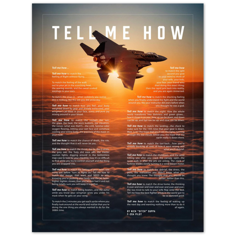 F-15E Strike Eagle Metallic print ready to hang with the Tell Me How description of military flight.