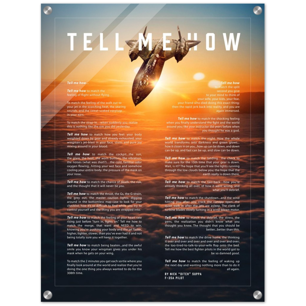 SR-71 Blackbird Acrylic print ready to hang with the Tell Me How description of military flight.
