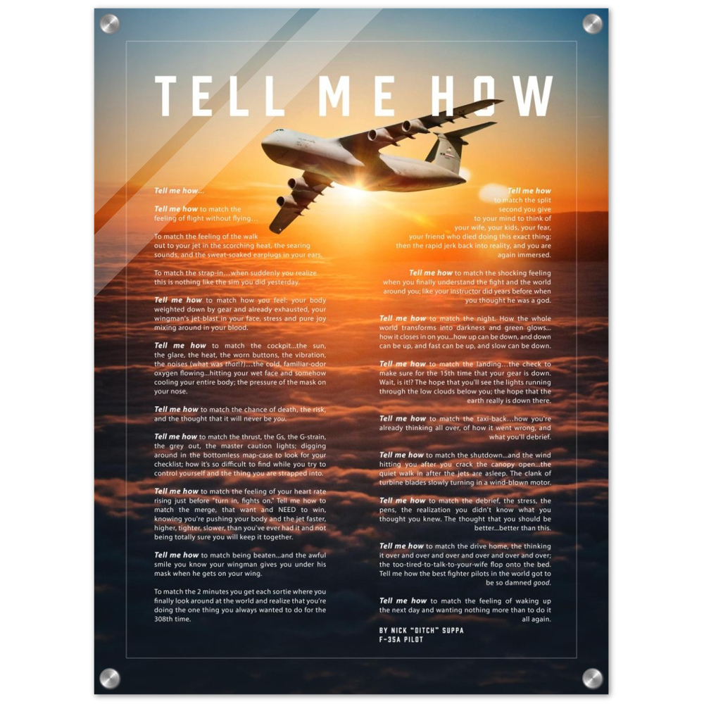 C-17 Acrylic print ready to hang with the Tell Me How description of military flight.