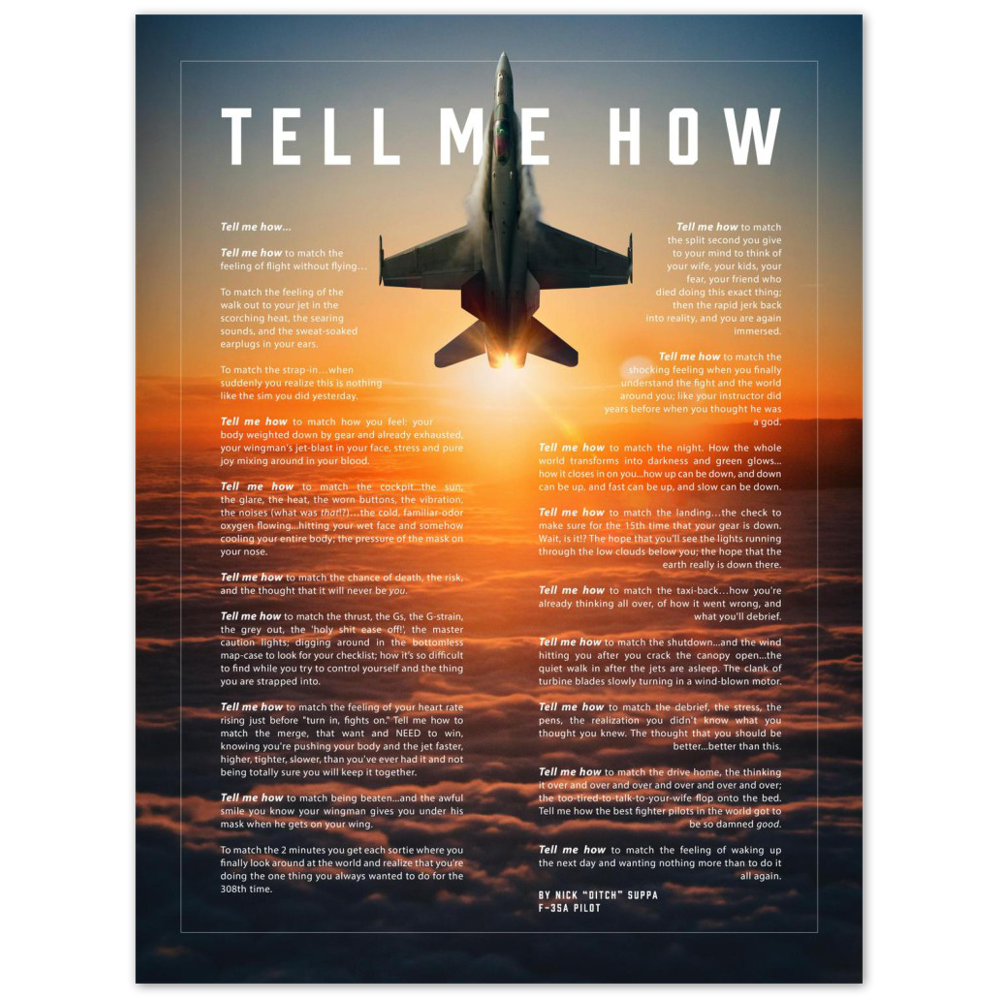 F-18C Metallic print ready to hang with the Tell Me How description of military flight.