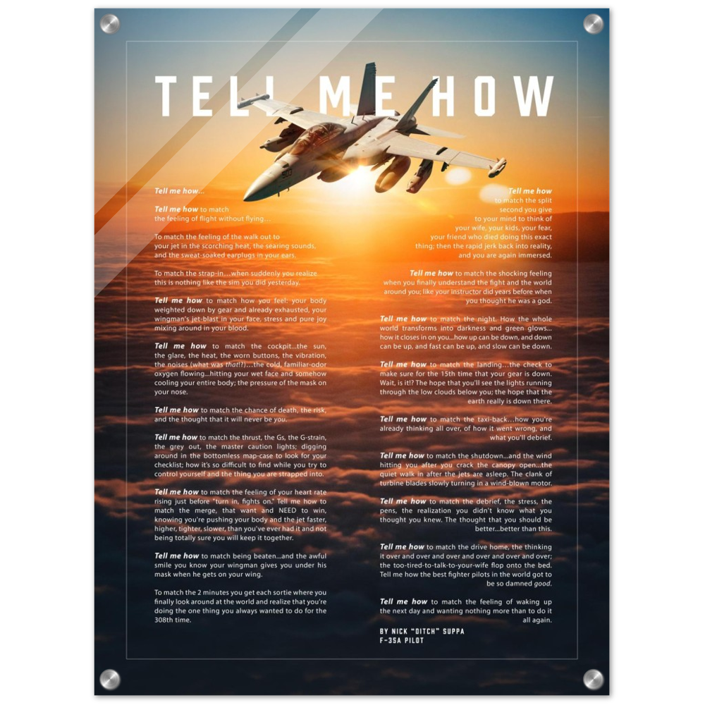 E/A-18G Growler Acrylic ready to hang with the Tell Me How description of military flight.