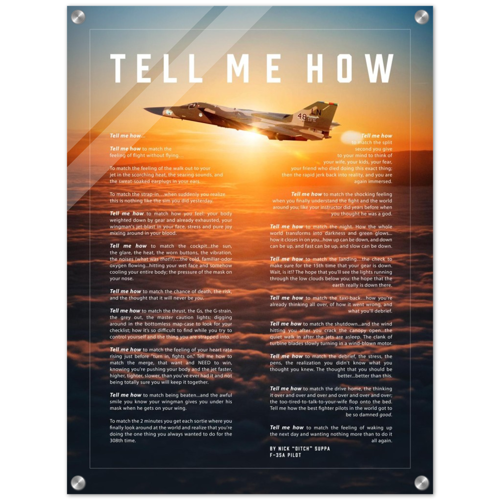 F-111F Acrylic print ready to hang with the Tell Me How description of military flight.