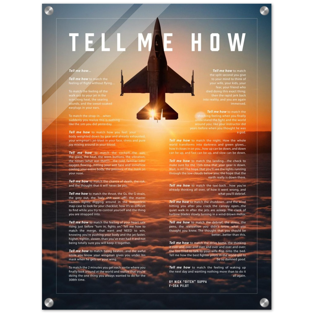F-16 Viper Acrylic print ready to hang with the Tell Me How description of military flight.