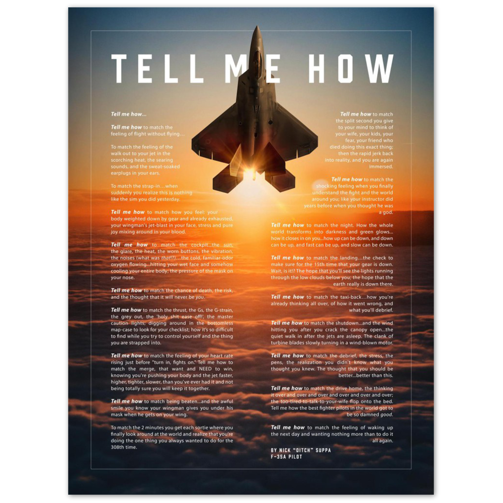 F-22 Raptor Metallic print ready to hang with the Tell Me How description of military flight.