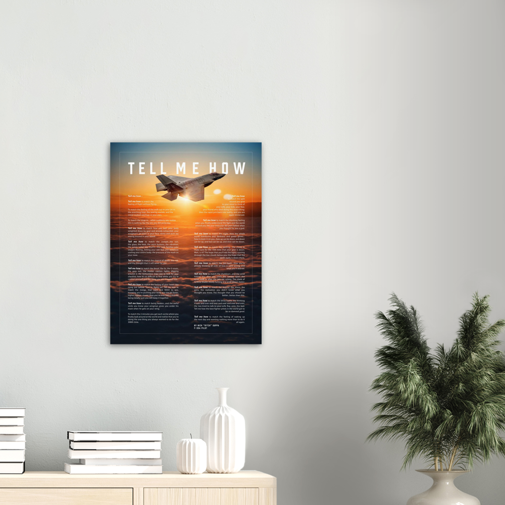F-35C Metallic print ready to hang with the Tell Me How description of military flight.
