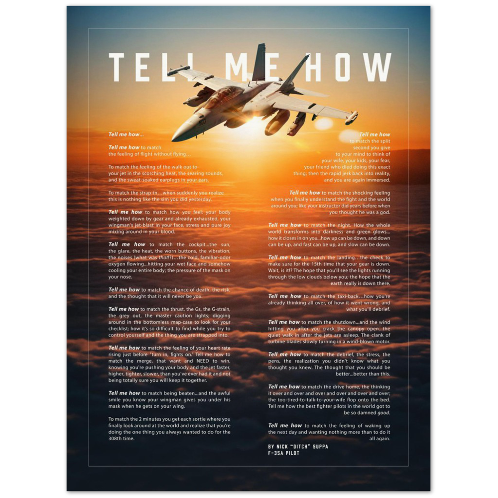 EA-18G Growler on Archival Matte Paper Professional poster with the Tell Me How description of military flight.