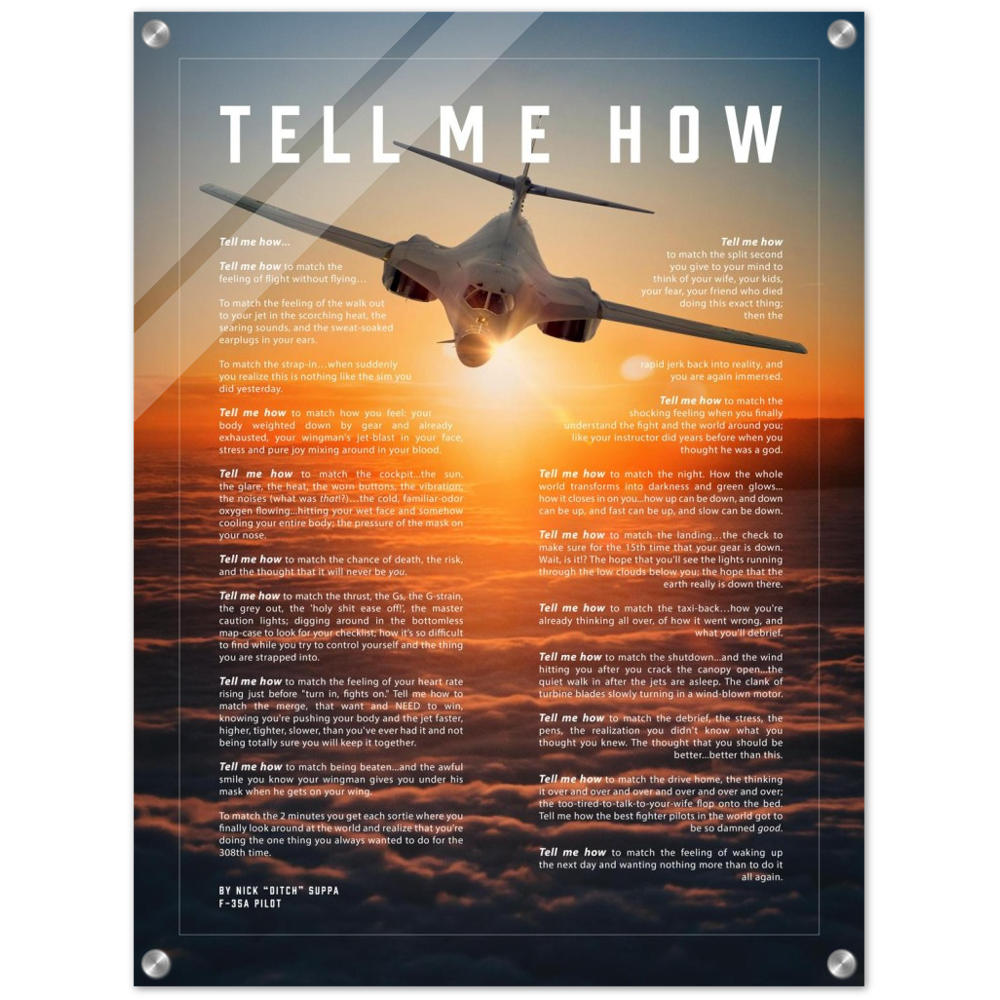 B-1B Bone Bomber Acrylic print ready to hang with the Tell Me How description of military flight.
