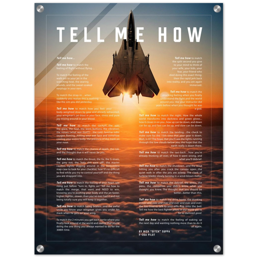 F-14 Tomcat Acrylic print ready to hang with the Tell Me How description of military flight.
