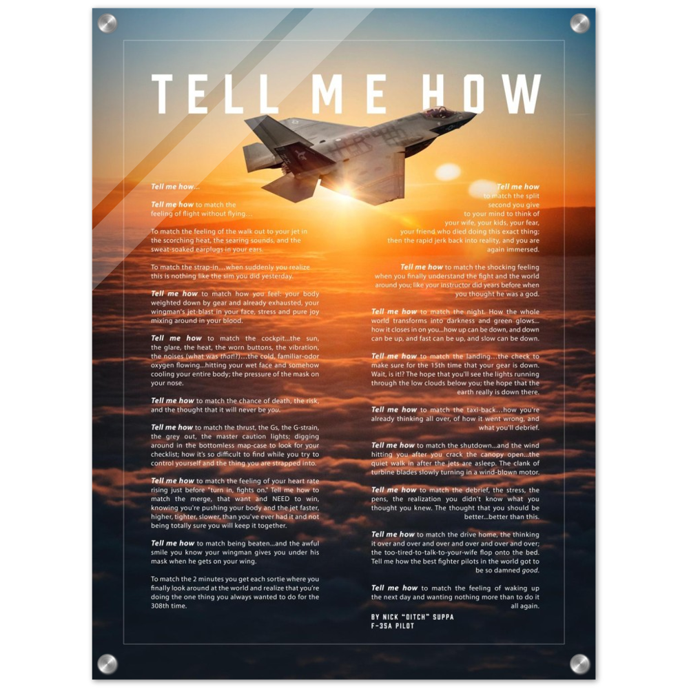F-35C Acrylic print ready to hang with the Tell Me How description of military flight.