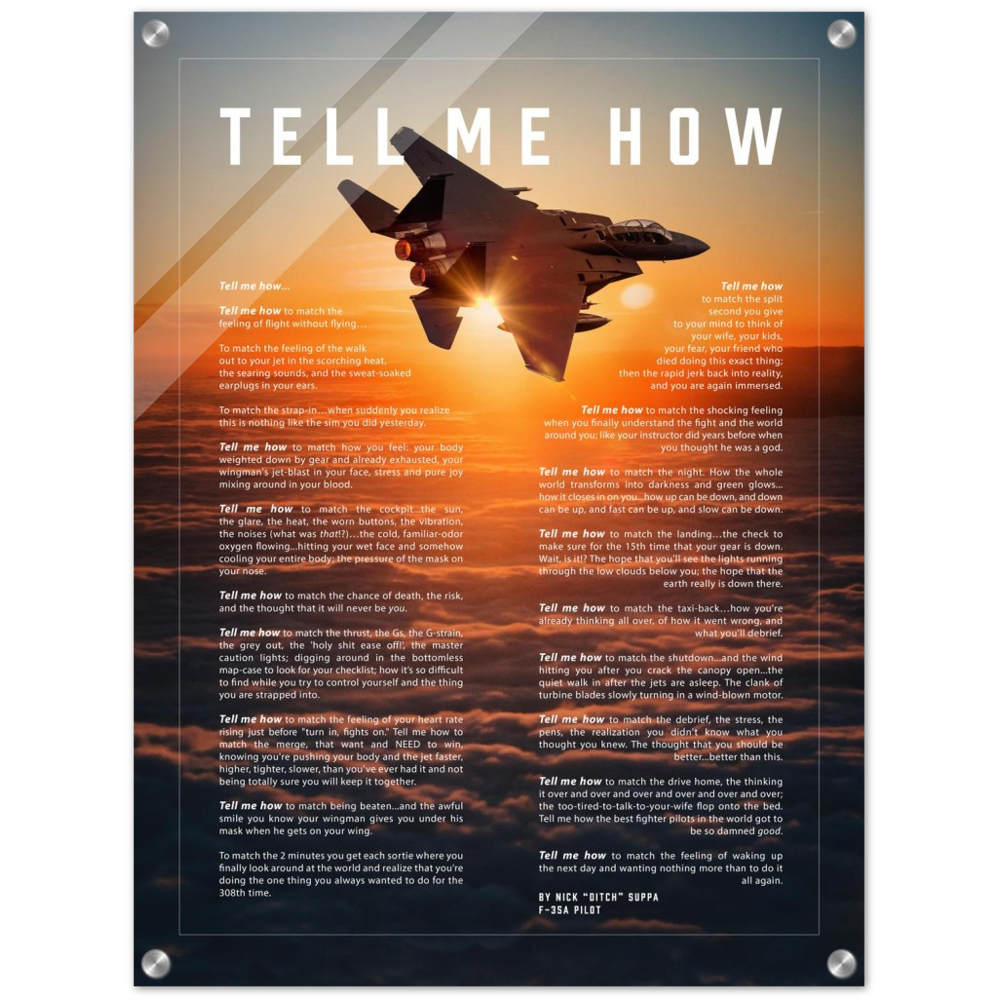 F-15E Strike Eagle Acrylic print ready to hang with the Tell Me How description of military flight.