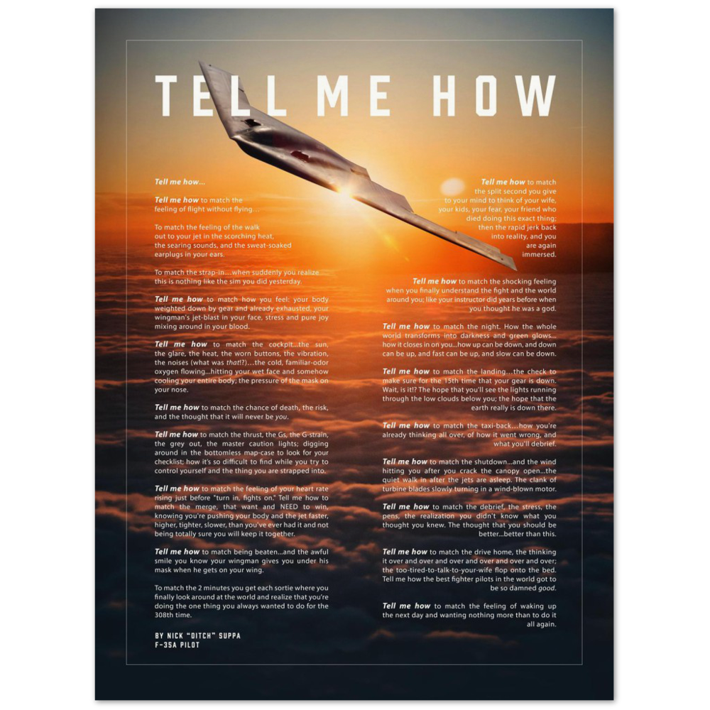 B-2 Spirit with the Tell Me How description of flight. This is a museum quality poster on archival matte photo paper.