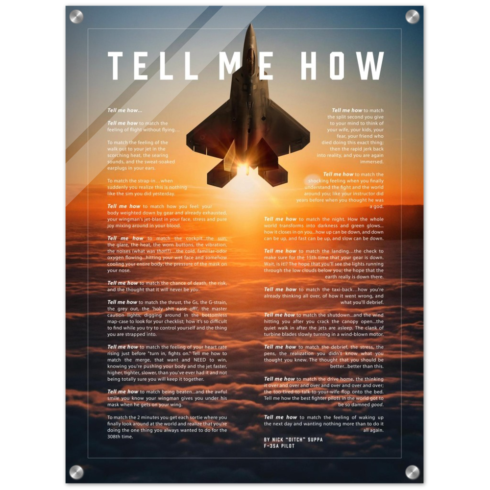F-22 Raptor Acrylic print ready to hang with the Tell Me How description of military flight.